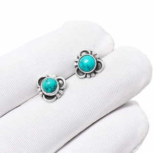 Tibetan Turquoise Stud Earrings: Sterling Silver Handmade Gemstone