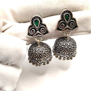 Green Stone Jhumka Earrings, Oxidized 925 Sterling Silver, Indian Jewelry
