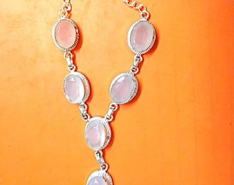 Collar de cuarzo rosa hecho a mano - Colgante de cascada bohemio de plata de ley