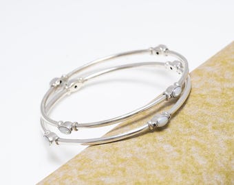 White Pearl Bangle Bracelet: 925 Sterling Silver, Bohemian Chic