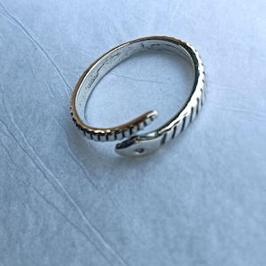 Puede incluir: Un anillo plateado con forma de serpiente. El anillo tiene un diseño texturizado a lo largo de la banda y un detalle de cabeza de serpiente. El diseño abierto permite un ajuste de tamaño. El anillo está sobre una superficie azul claro.