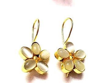 Gold Plated White Moonstone Flower Earrings - Sterling Silver Floral Jewelry