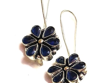 Blue Sapphire Flower Earrings | Oxidized Sterling Silver, Floral Jewelry