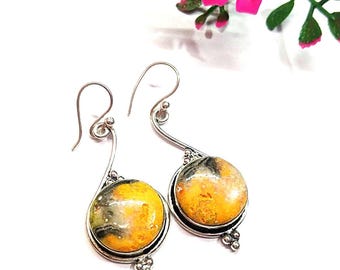 Pendientes de gancho con piedra preciosa de jaspe amarillo, pendientes de plata de ley, pendientes colgantes