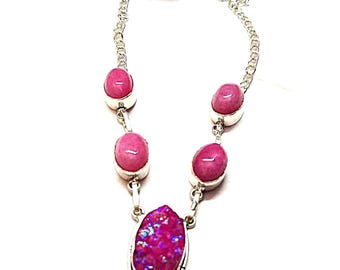 Pink Druzy Statement Necklace – Sterling Silver Boho Pendant