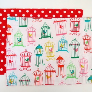 Pair of Reversible Placemats and Napkin Rings: Colorful Birdcages with Red Polka Dots image 3