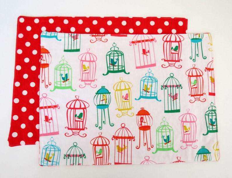 Pair of Reversible Placemats and Napkin Rings: Colorful Birdcages with Red Polka Dots image 3