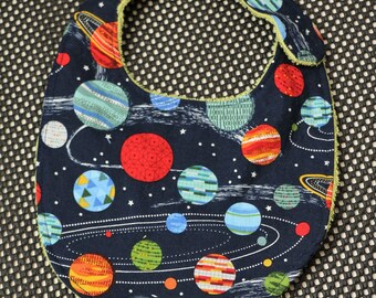 Planets with Green terry cloth reversible baby bib