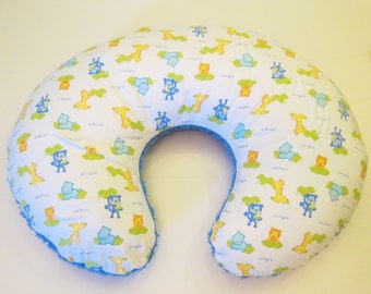 Reversible Nursing Pillow Cover:  Jungle Animal Flannel with Blue Soft n Fluffy