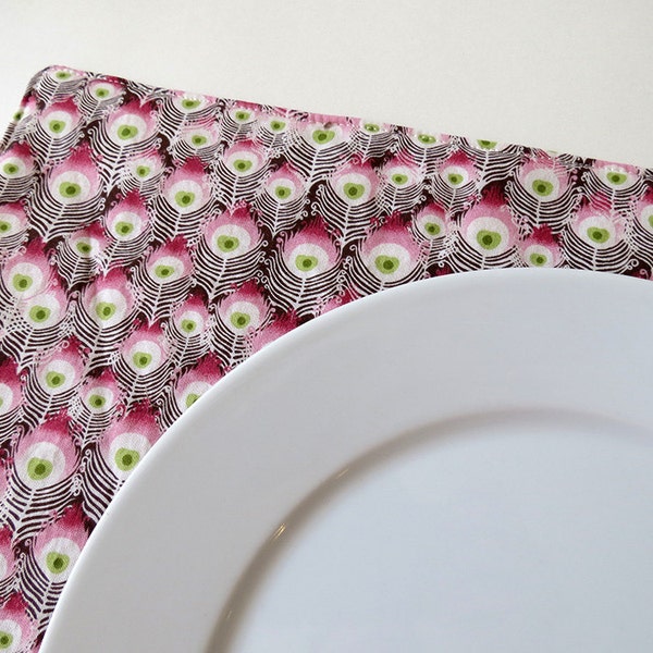 Pair of Reversible Placemats: Peacock Feathers in Pink, Green and Chocolate