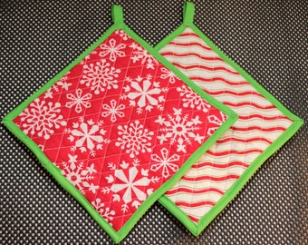 Potholder: Snowflakes on Red and Green/Red Squiggles on white