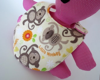 Little Monkey with Flowers flannel reversible baby bib with pink fleece