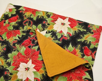 Pair of Reversible Placemats: Poinsettias and Cardinals on Gold