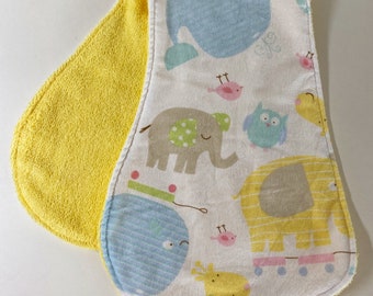 Contoured Burp Rag:  Elephants, Giraffes, and Whales at Play with Yellow terrycloth