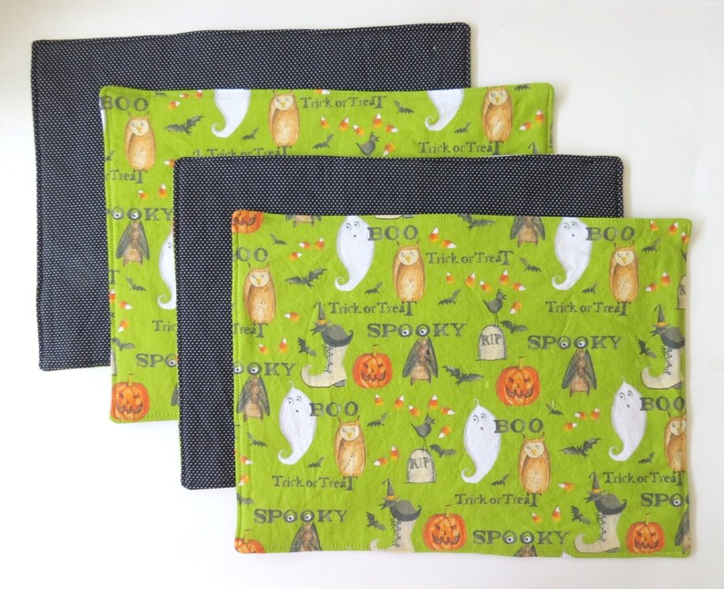 Pair of Reversible Placemats: Spooky Halloween Green with Black Polka Dots image 4