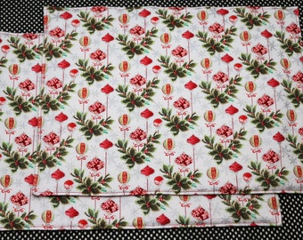 Pair of Placemats:  Red Ornaments and Silver Snowflakes on Red