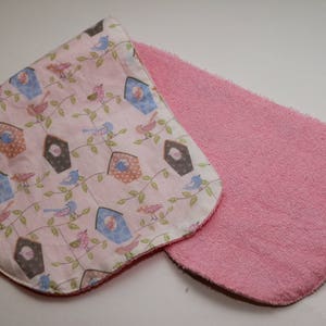 Contoured Burp Rag: Birds and Birdhouses with Pink Terrycloth image 1