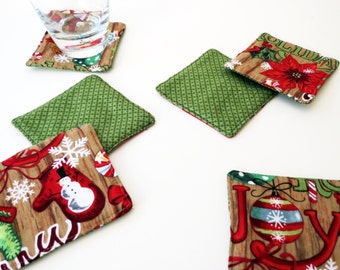 6 Reversible Fabric Coasters:Holiday Ornaments, Merry Mittens and Joyful Snowflakes with Green Diamonds