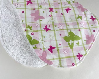 Contoured Burp Rag:  Butterflies on Plaid with White terrycloth