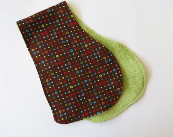 Contoured Burp Rag: Colorful Polka Dots on Brown Flannel with Green Terrycloth