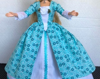 11 1/2" doll dress set:  Dark Teal Flowers on Light Teal