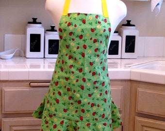 Ruffled Apron: Lucky Lady Bugs in Clovers