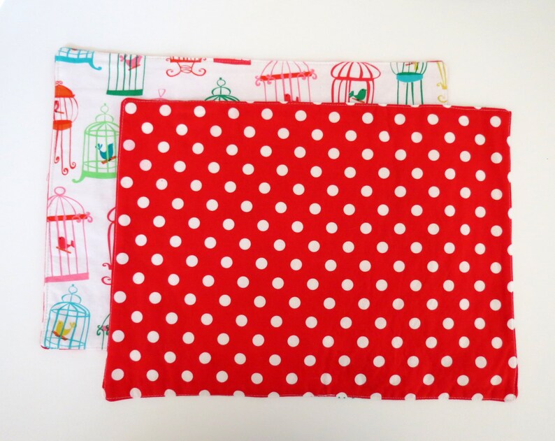 Pair of Reversible Placemats and Napkin Rings: Colorful Birdcages with Red Polka Dots image 2