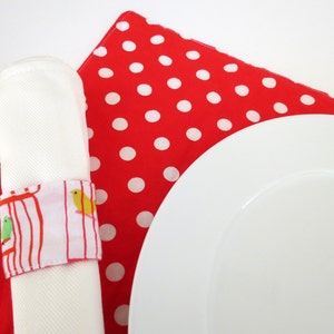 Pair of Reversible Placemats and Napkin Rings: Colorful Birdcages with Red Polka Dots image 4