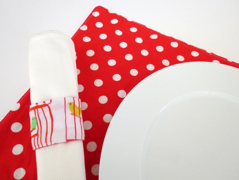 Pair of Reversible Placemats and Napkin Rings: Colorful Birdcages with Red Polka Dots image 4