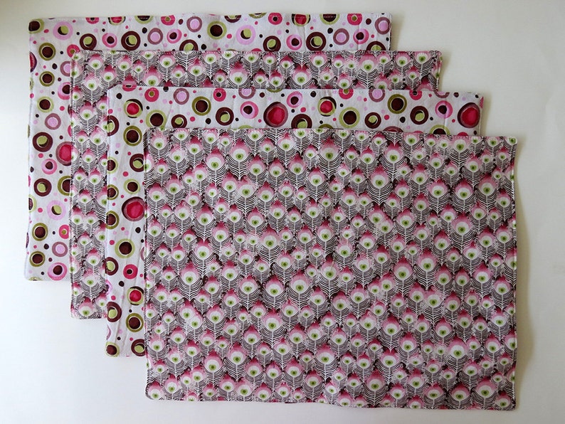 Peacock Feathers in Pink Pair of Reversible Placemats Green and Chocolate