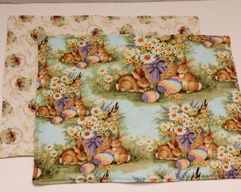 Pair of Reversible Placemats:  Bunnies, Daisies, and Eggs & Bunnies in Baskets