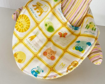 Baby Animals in Squares reversible baby bib with Yellow terry cloth