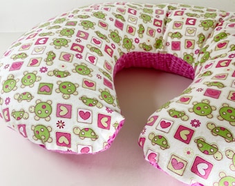 Reversible Nursing Pillow Cover:  Turtles and Hearts with Pink Polka Dot flannel