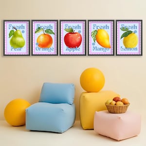 Fresh Fruit Wall Art Printable Set - Retro Fruit Stamp Home Wall Decor | Pear, Orange, Apple, Mango, Lemon Prints | Instant Digital Download