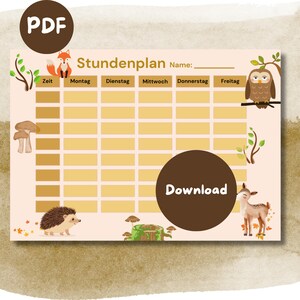 Op de afbeelding: Een afdrukbaar PDF-rooster met een bos thema. Het ontwerp toont een vos, een uil, een hert en een egel. Het rooster bevat de dagen van de week en een ruimte voor de naam van de gebruiker. Een grote bruine cirkel met het woord "Download" staat in het midden.