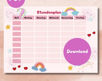 Orario digitale unicorno arcobaleno glitter | Agenda scolastica per ragazze PDF | Orario della scuola elementare da stampare