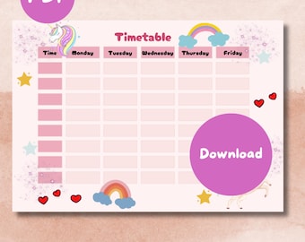 Orario digitale unicorno arcobaleno glitter | Agenda scolastica per ragazze PDF | Orario della scuola elementare da stampare