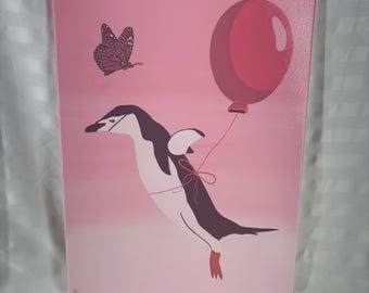 Whimsical Pink Penguin and Butterfly Acrylic Painting on 18 x 24 Canvas