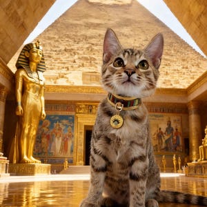 Puede incluir: Un gato atigrado con un collar decorativo con un colgante dorado, ambientado en un interior de temática egipcia. El gato está sentado en un suelo dorado reflectante, con una estatua dorada y una pirámide al fondo. El collar del gato tiene un diseño colorido.