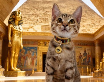 Egyptian Style Pet Collar, Gold Charm Cat Necklace with Sun Pendant, Luxury Handmade Adjustable Dog Jewelry, Pharaoh Inspired Pet Accessory