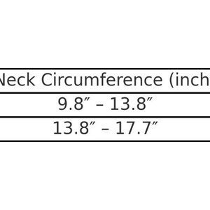 May include: A white table with black text detailing neck circumference measurements for sizes M and L. Size M fits a neck circumference of 9.8" - 13.8", and size L fits 13.8" - 17.7".