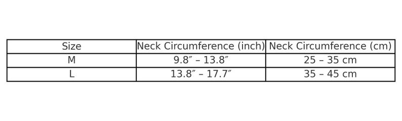 May include: A white table with black text detailing neck circumference measurements for sizes M and L. Size M fits a neck circumference of 9.8" - 13.8", and size L fits 13.8" - 17.7".