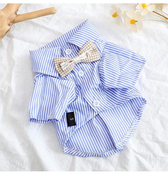 Striped Dog Shirt with Bowtie Formal Pet Clothes for Small Dogs Cotton Dress Outfit Heat Pressed Tuxedo Style – Not Customizable