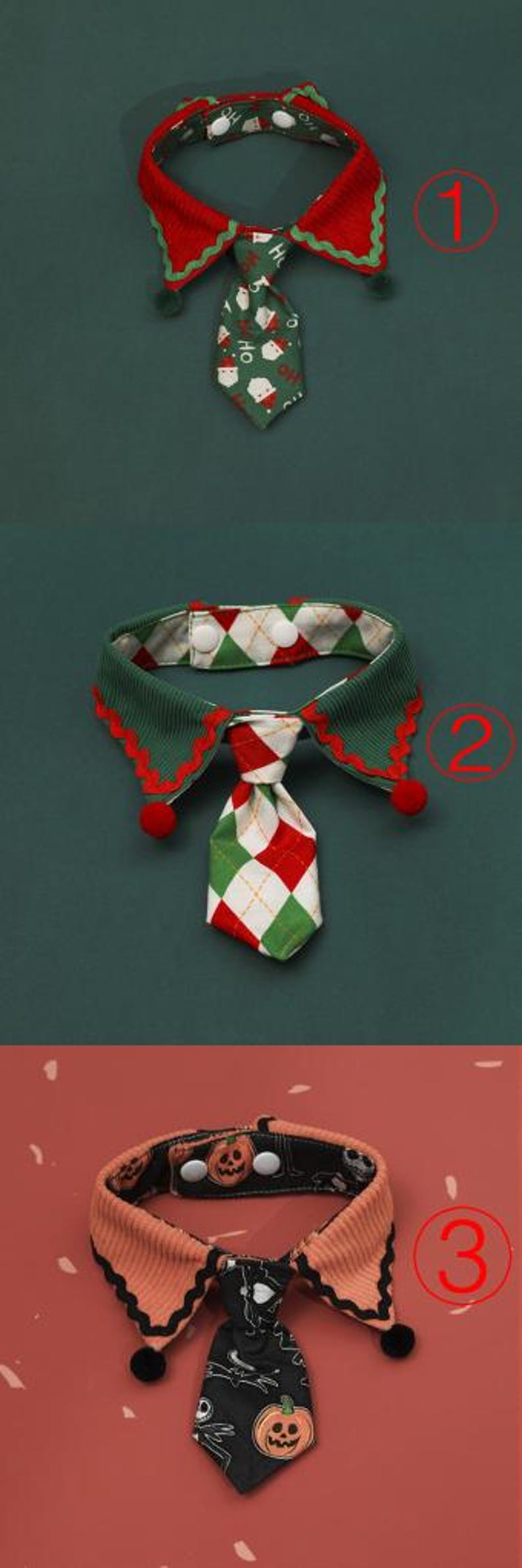 May include: Three festive pet collars with ties. The first is red and green with a Santa Claus pattern. The second is green, red, and white with a diamond pattern. The third is orange and black with a Halloween theme.