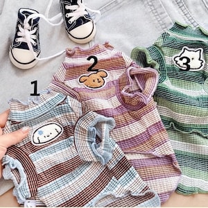 Striped Dog Tank Top with Cartoon Patch | Soft Knit Pet Shirt for Small Dogs and Cats | Cute Summer Puppy Clothes for Daily Wear