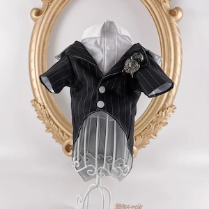 Formal Dog Tuxedo Suit with Pinstripe Design for Small Pets, Wedding Party Puppy Outfit, Elegant Cat Costume with Decorative Brooch