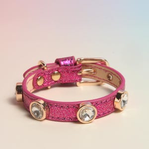 Luxury Hot Pink Glitter Leather Dog Collar  Large Clear Crystal Accents – Glamorous Designer Bling Pet Collar, Premium Quality Sparkle Style