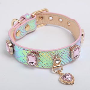 Luxury Iridescent Leather Dog Collar  Premium Pink Gemstone Heart Charm Glamorous Designer Bling Pet Collar with Sparkling Crystals Elegant