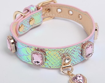 Luxury Iridescent Leather Dog Collar  Premium Pink Gemstone Heart Charm Glamorous Designer Bling Pet Collar with Sparkling Crystals Elegant