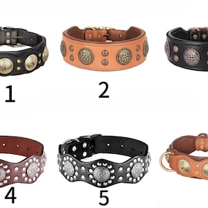 Puede incluir: Seis collares de cuero para perros con adornos metálicos. Los collares son de varios tonos de marrón y negro, con tachuelas metálicas decorativas y diseños circulares. Numerados del 1 al 6.